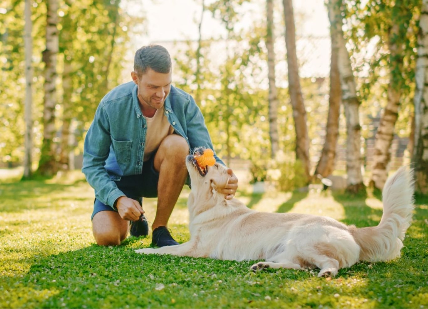 Man petting dog.